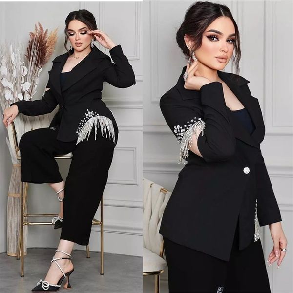 

black women pants suits for wedding plus size crystal beading blazer and pants designer formal party prom dress custom made, Black;red