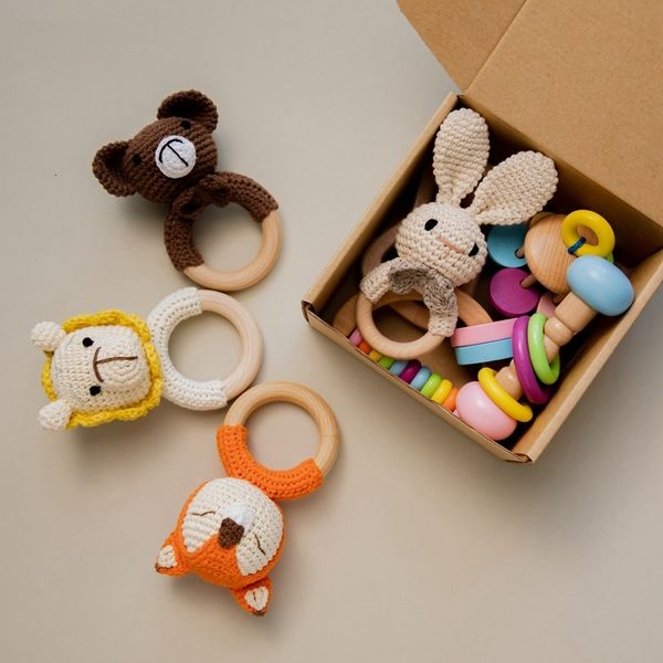 

gift sets crochet animal musical rattle soother wooden teether baby product mobile pram crib ring wooden montessori toys born gift 230717
