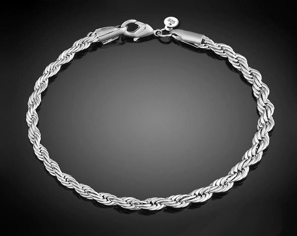 

luxury 3mm 4mm 925 sterling silver bracelets 8 inch women ed rope chain wristband wrap bangle for men s fashion jewelry9840619, Black
