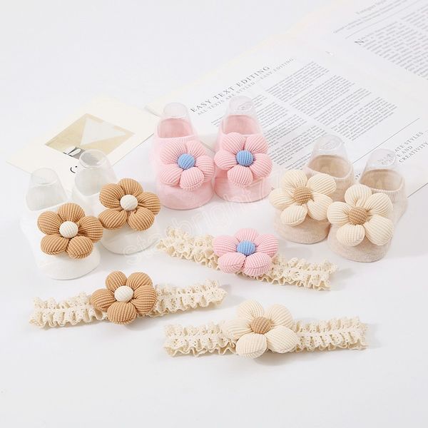 

2pcs/set korean flower baby headband socks cute bow infant princess hair band for girls non slip floor sock kids hair accessorie, Pink;yellow