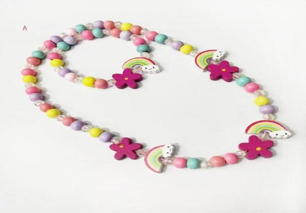 

5 styles kids necklace sets rainbow charm beads bracelet accessory colorful beads bird flower kids girl birthday jewelry gift8715215, Red;brown