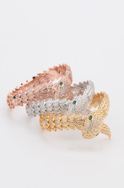 

europe america luxury fashion lady brass full diamond green eyes single wrap serpent like 18k plated gold open bracelet bangle1450985, Black