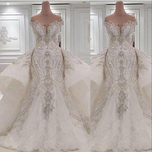 

2023 crystal luxury mermaid wedding dresses bridal gowns with overskirts off shoulder lace ruched sparkle rhinstone dubai vestidos2523995, White