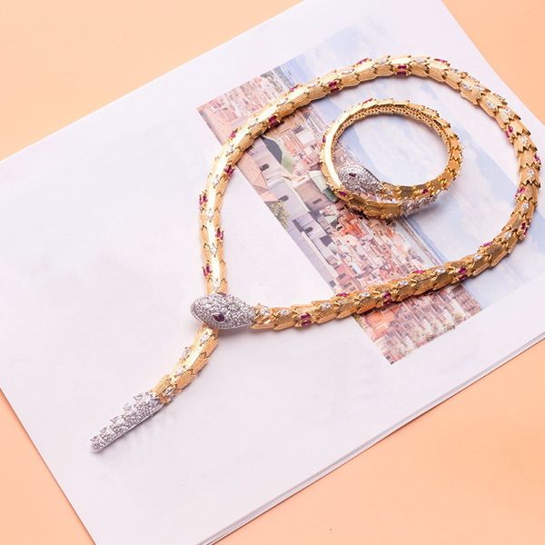 

wedding jewelry sets designer collection style women lady plated gold color inlay full cubic zircon snake snakelike bangle bracelet necklace, Slivery;golden