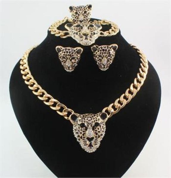 

fashion 18k gold plated rhinestone black enamel leopard head necklace bracelet ring earrings jewelry sets1165510, Silver
