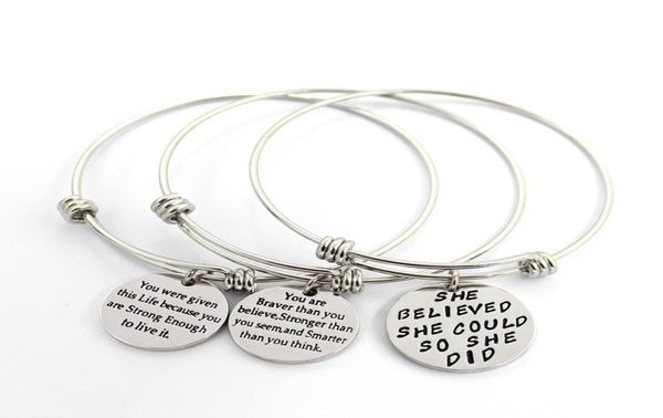 

adjustable stainless steel bracelets for womens inspirational words metal card charm bracelet quotshe believed she could3683011, Golden;silver