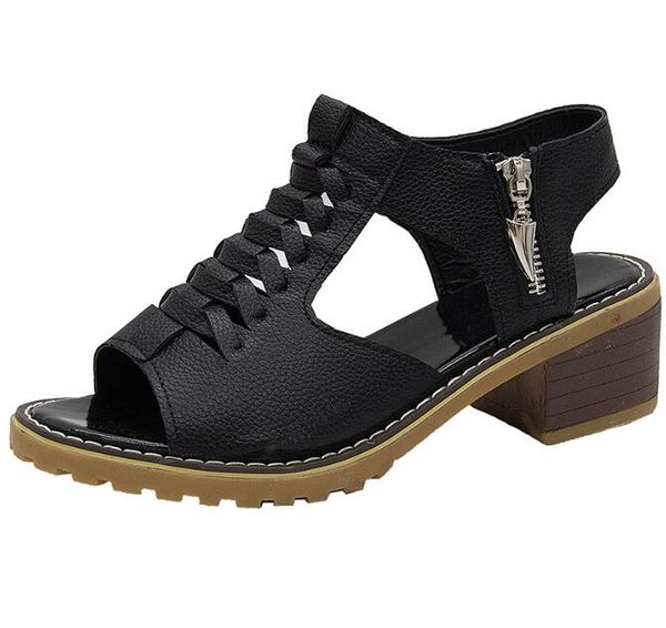 

2023 new thick heel round head hollow side zipper sandals for women's foreign trade large european and american casual gladiator women, Black