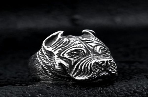 

men039s vintage stainless steel ring viking pitbull bulldog gothic pug dog head totem amulet punk animal jewellery for men boys6888044, Silver