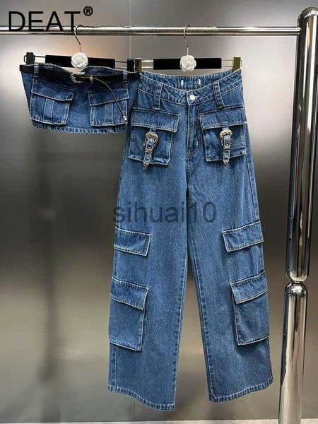

women's two piece pants deat fashion belt design slim short strapless women's high waist splice pocket loose cargo jeans trend 202, White