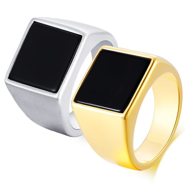 

vintage rings for men stainless steel ring inlay black square acrylic ring jewelry gift for boys boyfriend ladies dad yw341rc-484, Golden;silver