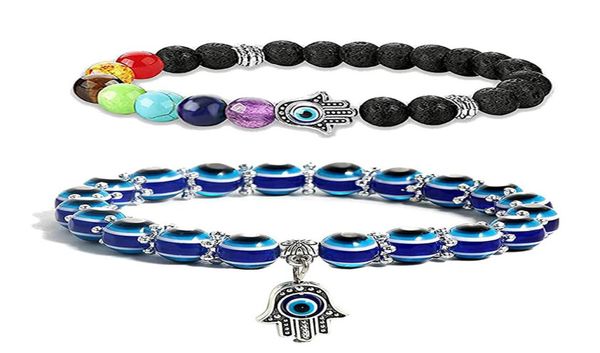 

2pcs evil turkish eye hamsa beaded bracelet strands 7 chakras gemstone lava stone fatima hand charm bracelets3416362, Black