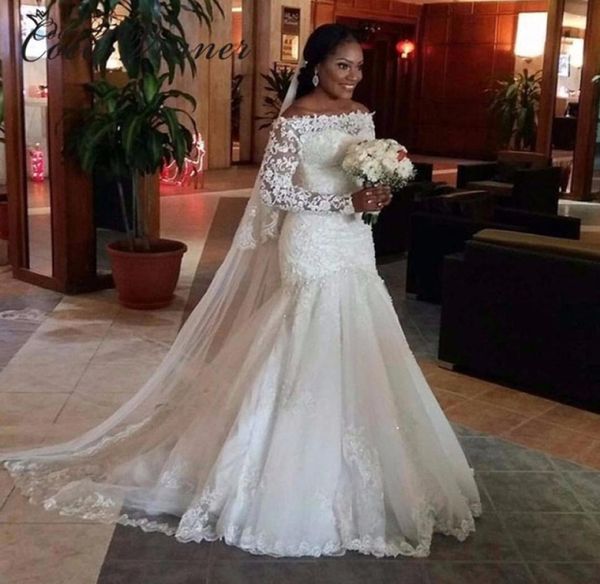

2021 luxury african mermaid wedding dress long sleeve emboridry with beading court train white color vintage wedding gown8305562