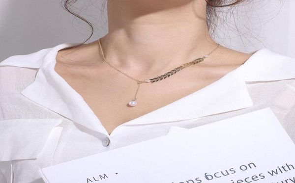 

pendant necklaces yun ruo rose gold color wheat ear pearl necklace adjustable titanium steel woman jewelry gift never fade drop 15623333, Silver
