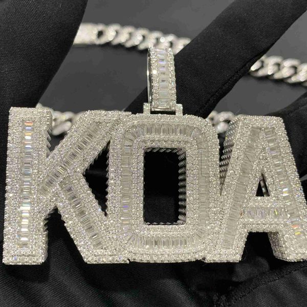 

custom pendant s925 iced out baguette moissanite diamond letter pendant hip hop bling rapper ice vvs clarity name pendant, Silver