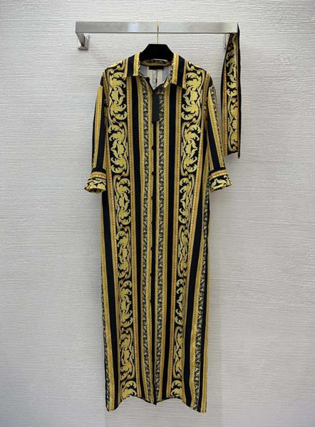 

vintage print dress womens luxury clothing vertical pattern clothes button up placket loose straight long skirts retro prints hairband desig, Black;gray