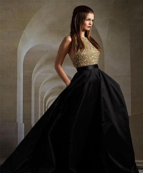 

black satin a line prom dresses gold sequins custom made party gowns sweep train elegant evening dress2987315
