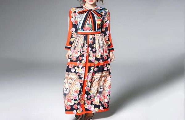 

2018 spring crew neck flora print dresses a line ankle length long sleeve polyester prom fashion dresses 905039239, Black