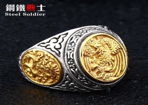 

steel soldier dragon and phoenix stainless ring fashion men arrival unqiue jewelry cluster rings2201162, Golden;silver