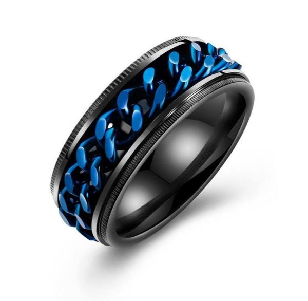 

punk 8mm spinner chain men rotatable ring black blue stainless steel rotatable cool jewelry party gift anel alliance5462453, Silver