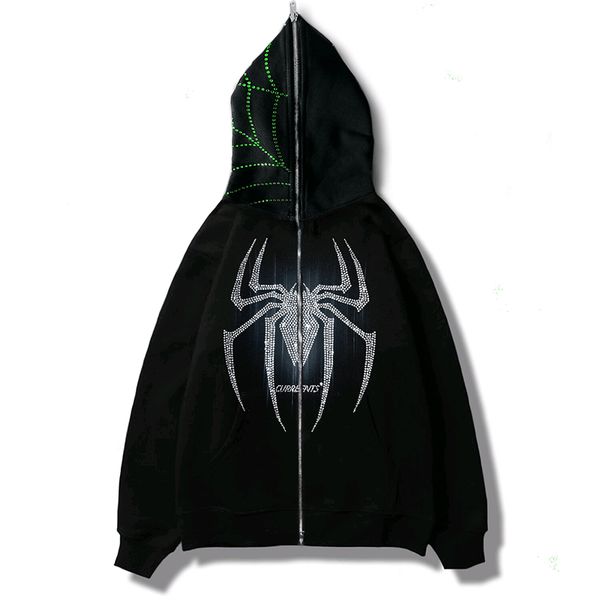 

spider web rhinestone hoodie sweatshirt zipper warm black solid punk junk suit men's y2k hip hop sweatshirt hoodie