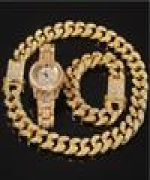 

2021 3pcs set necklace watchbracelet hip hop miami curb cuban chain gold full iced out paved rhinestones cz bling for men jewelr8712616, Black