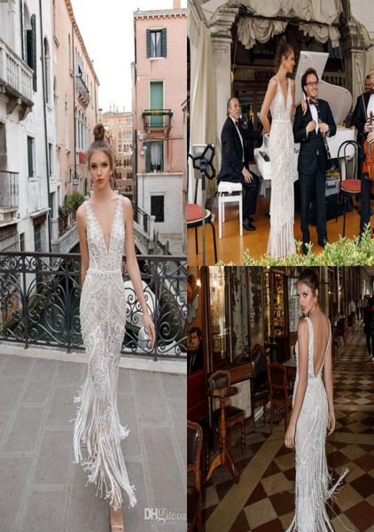 

julie vino mermaid wedding dresses deep v neck lace tassel crystal sleeveless backless wedding dress custom made country brid7023812, White