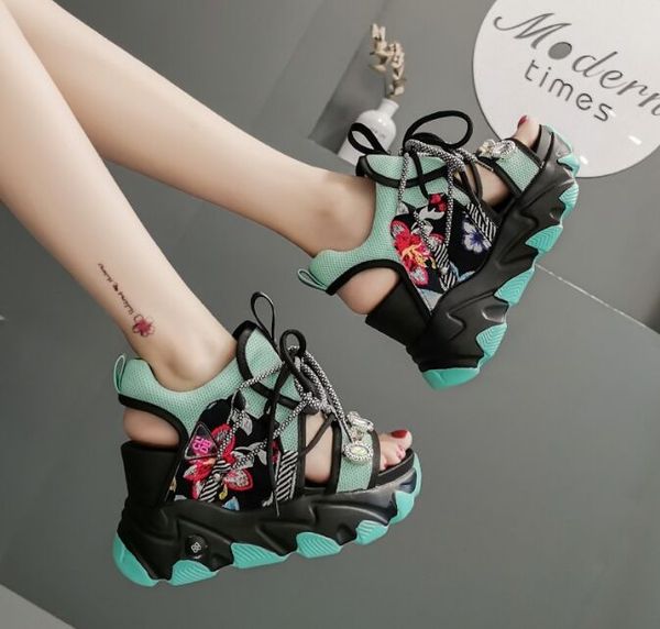

summer women chunky platform sandals designers new beach casual shoes woman lace up wedges fashion sandals girls shoes 35-40, Black