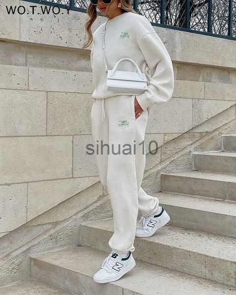 

women's two piece pants wotwoy winter fleece tracksuit 2 piece sets women solid thick o-neck print sweatshirt and drawstring trouser fe, White