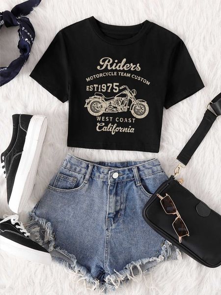 

women's fashion t-shirt motorcycle letter graphic, White