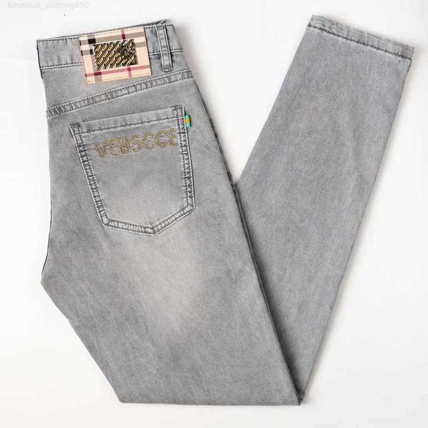 

designer jeans jeans mens slim fit small straight leg trousers men's european embroidery live grey, Blue
