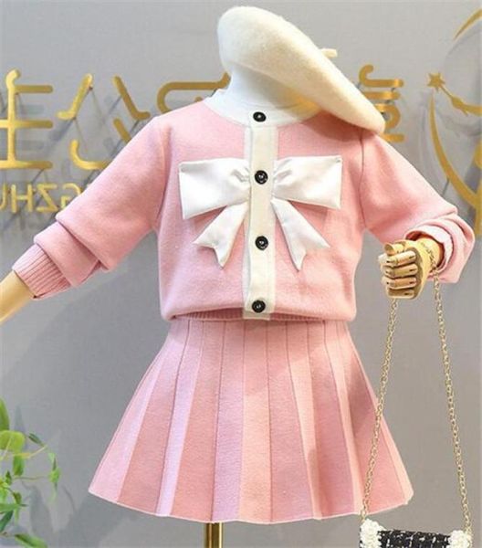 

childrens girls clothes set kids girls baby cardigan sweater bow knit skirts two piece suit4072776, Blue