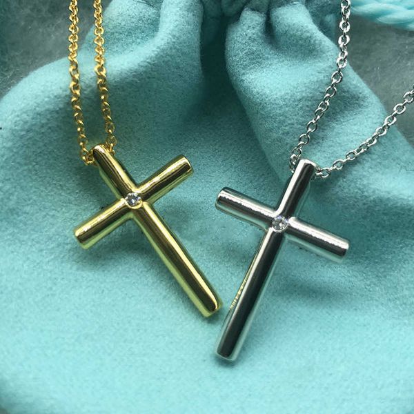 

high version tiffay s925 sterling silver cross necklace couple style men's small fashion trend simple versatile collar chain