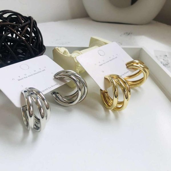 

design cshaped s925 silver needle ring 14k real gold exaggerated earrings3216988, Golden;silver
