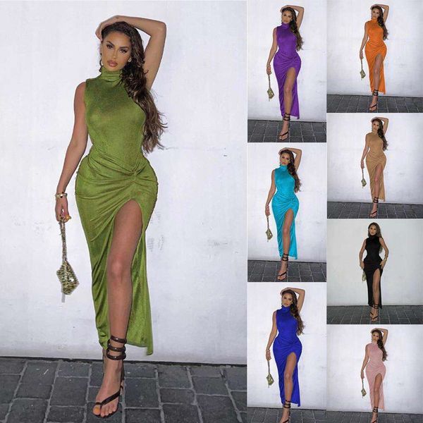 

womens spring and summer monsoon solid color sleeveless split midi dress slim, Black;gray