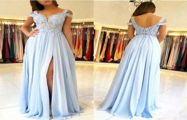 

2019 sky blue a line prom dresses lace applique cap sleeves backless side split floor length chiffon plus size pageant party eveni4303523, Black