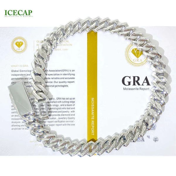 

18 mm 3 rows vvs moissanite diamond chain white rose gold plated hip-hop necklace cuban link chain, Silver