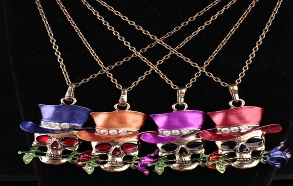 

gothic antique necklace everyday jewelry rose flower skull necklace enamel pendant crystals necklaces5127218, Silver