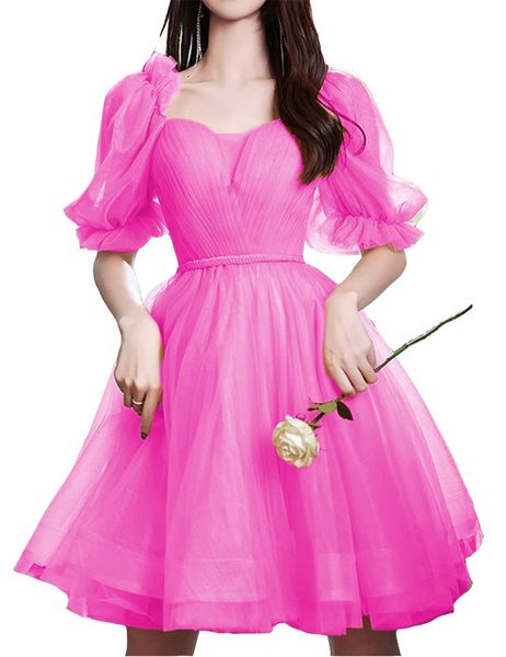 

short homecoming dresses half sleeve square sashes pleats lace-up tulle a-line party gowns princess plus size mini birthday prom graudation, Blue;pink