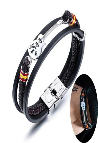 

stainless steel mini guitar leather bracelets for men punk personalized genuine leather rope bangle music charm fashion jewelry gi7975648, Golden;silver