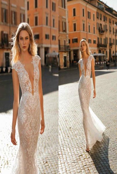 

2019 berta mermaid wedding dresses deep v neck appliqued lace floor length beach wedding dress custom made boho vestidos de n7761475, White