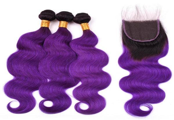 

1bpurple ombre malaysian human hair bundles with closure body wave ombre purple weave bundles 3pcs with 4x4 lace closure 4pcs lo6326945, Black;brown