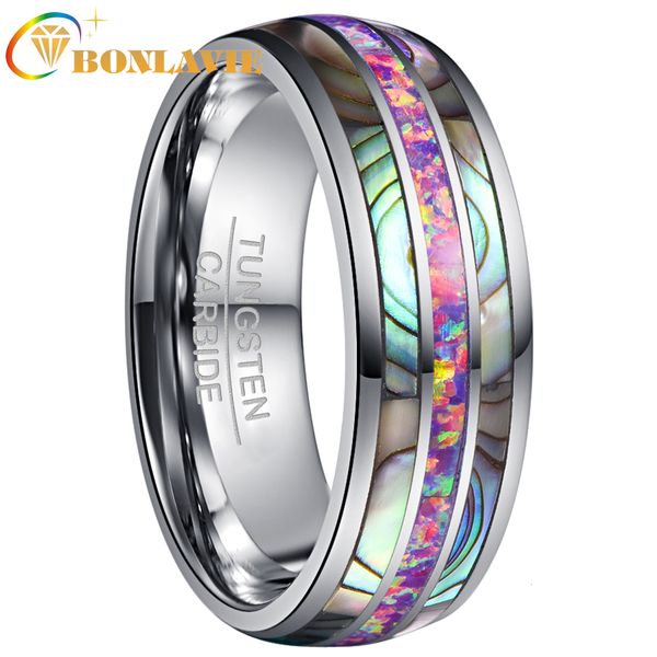 

wedding rings bonlavie 8mm tungsten carbide ring dome inlaid acacia purple opal ring for women mens silver color finger ring 230717, Slivery;golden