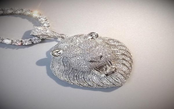 

bling iced out necklace micro pave cubic zircon lion head pendant for men women gifts luxury hip hop jewelry 2009285576421, Silver