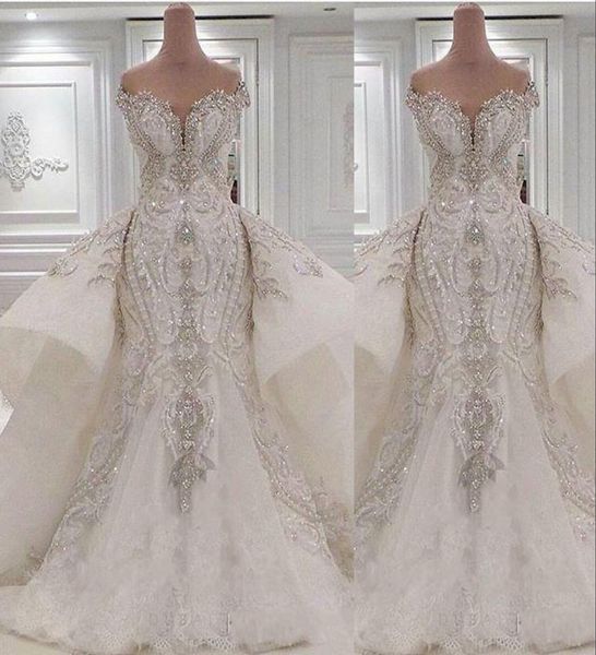 

2023 crystal luxury mermaid wedding dresses bridal gowns with overskirts off shoulder lace ruched sparkle rhinstone dubai vestidos9713797, White