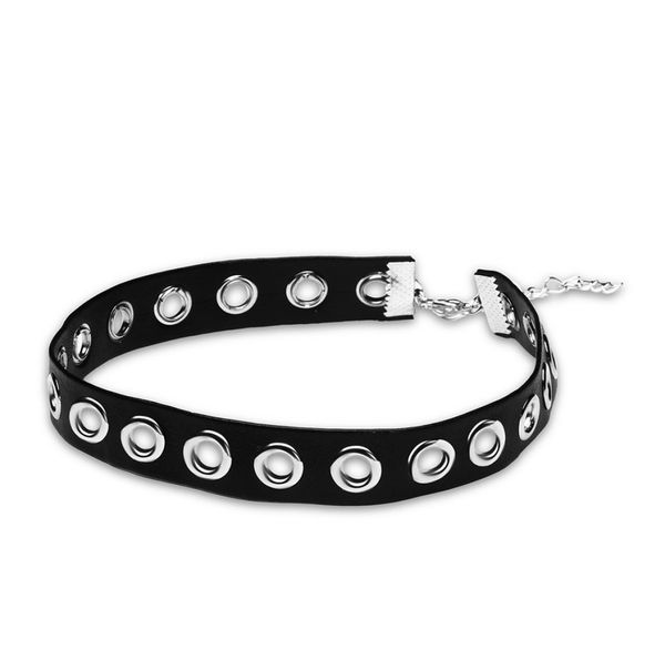 

selling simple short silver plated eyelet black soft leather choker necklace for women 7966131, Golden;silver