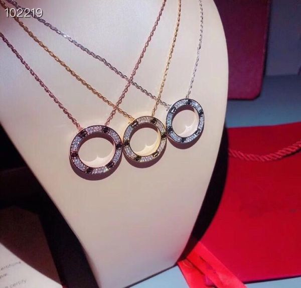 

luxury classic designer s925 sterling silver screw love full crystal hollow round circle pendant necklace for women jewelry1180265