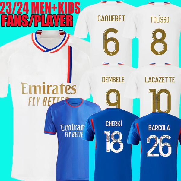 

23 24 maillot de foot lacazette soccer jerseys away blue caqueret ol aouar football shirts dembele 2023 2024 cherki barcola man kids kits ly, Black;yellow