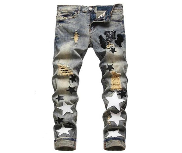 

ripped patch men jeans fashion retro blue distressed stretch slim fit pants allmatch denim trousers pantalons pour hommes6744428
