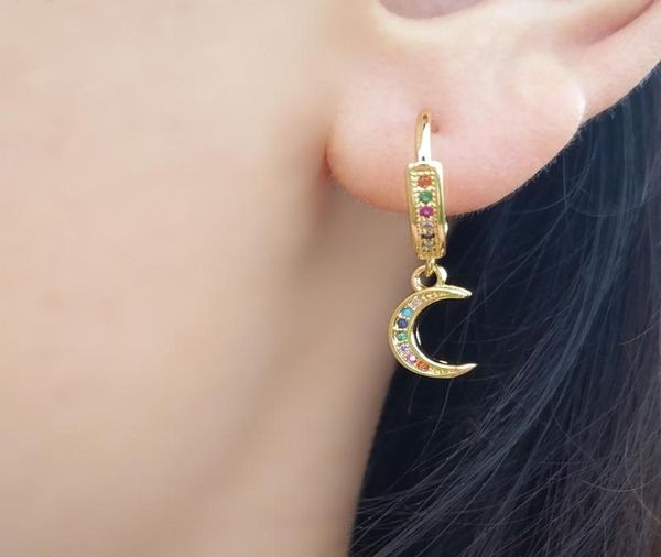 

cz moon hoop earrings colorful piercing huggie earing jewelry pendientes aros con piedras de colores earrings hoops small stones3169942, Golden;silver