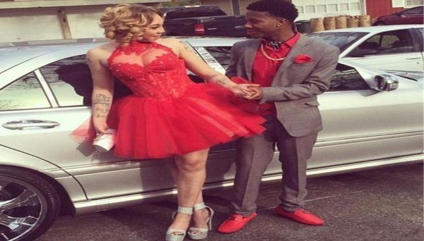 

2020 short mini red cocktail dresses halter neck illusion lace appliques beaded tulle open back plus size prom party homecomi6560624, Black